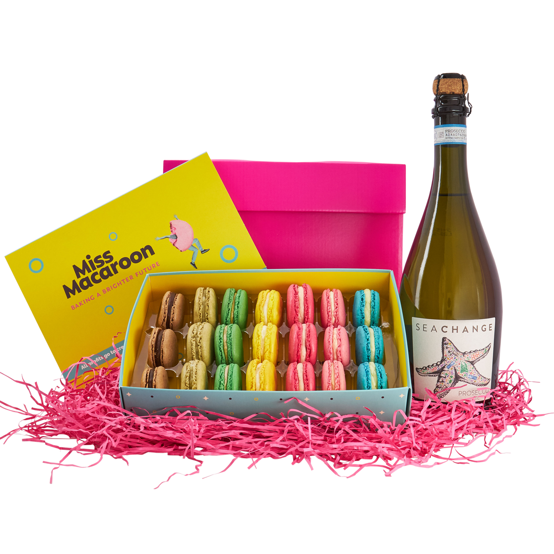 Miss Macaroon × Sea Change Prosecco hamper perfect Christmas gift including one bottle of Sea change Prosecco and a Miss Macaroon gift box of 21 macaroons