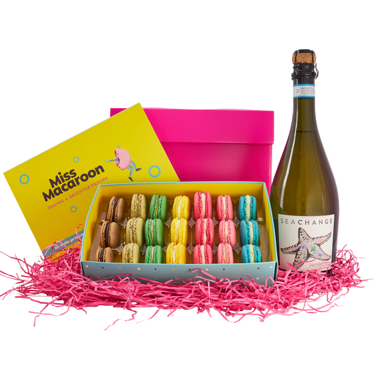 Miss Macaroon × Sea Change Prosecco hamper perfect Christmas gift including one bottle of Sea change Prosecco and a Miss Macaroon gift box of 21 macaroons