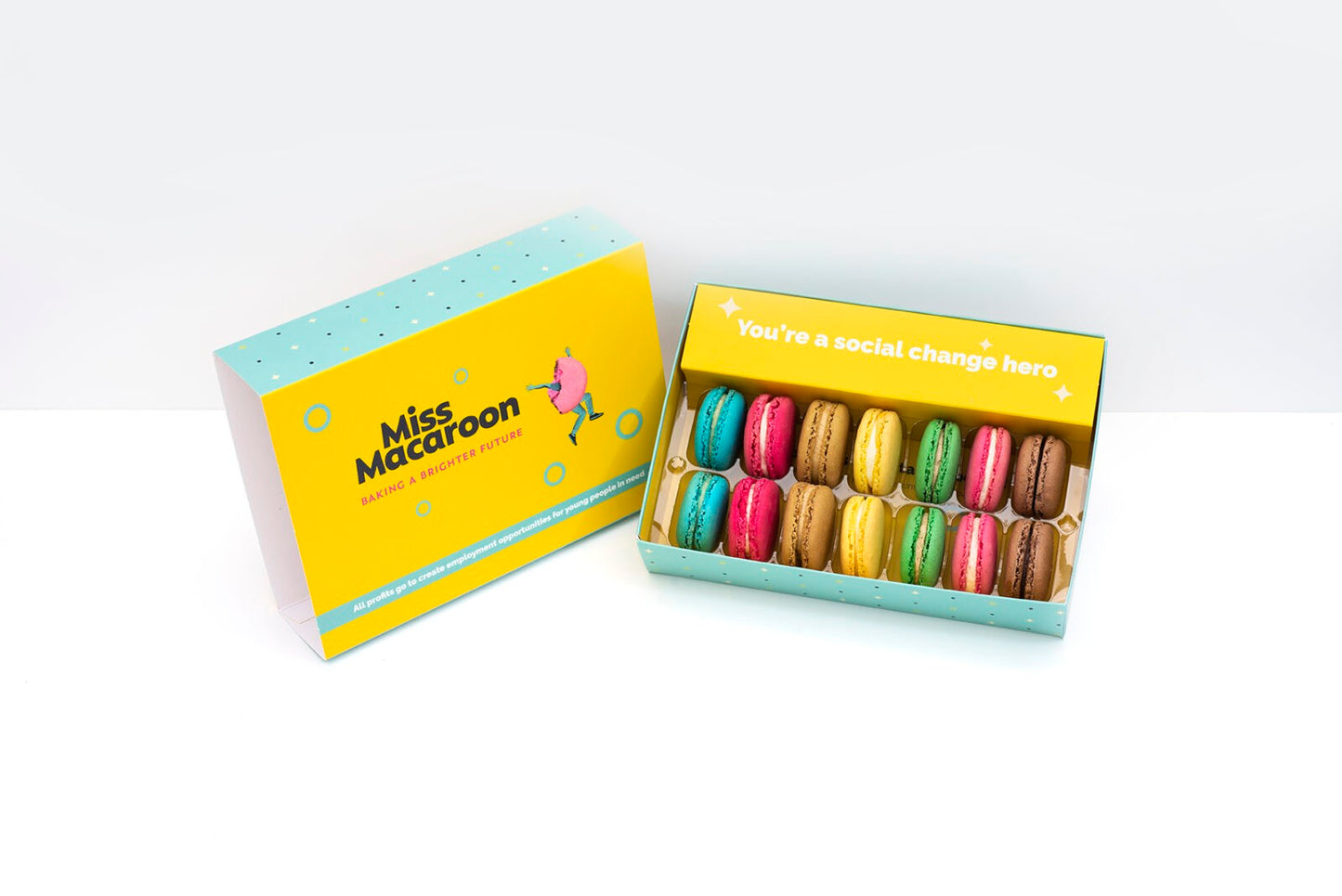 Gift box of 14 macaroons. Two of each flavour, seven different bright coloured macaroons.