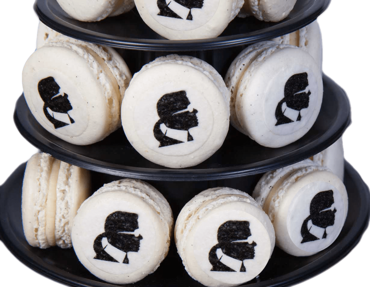 Close views of tower macaroons with the Karl Lagerfeld logo.