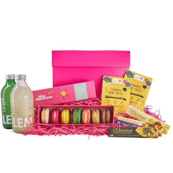 The small Chocolate lovers Social Enterprise Hamper contains a gift box of seven macaroons, all of which are halal, two taster loose leaf tea packets, three Divine flavour filled chocolate bars, and two drinks.

The large Social Enterprise Hamper contains a gift box of 21 macaroons, all of which are halal, six taster loose leaf tea packets, six Divine flavour filled chocolate bars and four drinks.